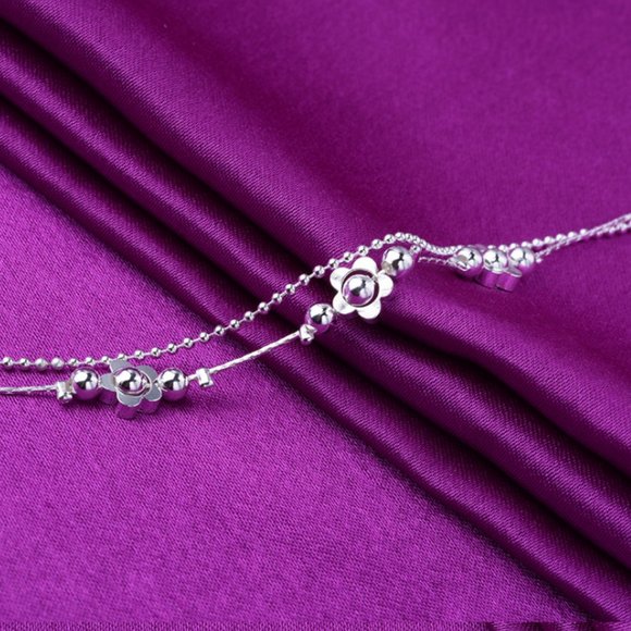 NEW 925 Sterling Silver Flower Bead Anklet - Picture 2 of 2